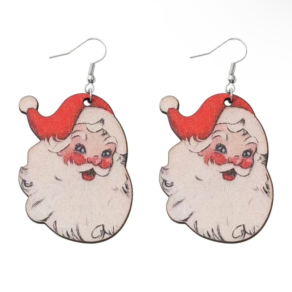 Vintage Style Santa Christmas Wooden Drop Earrings - NEW